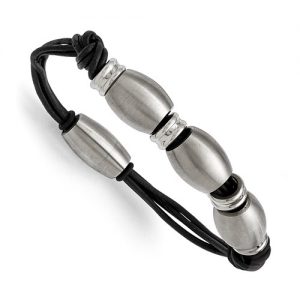 Stainless Steel Polished And Brushed Black Leather Bracelet